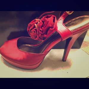 Glam red satin Coach platform stilettos!
